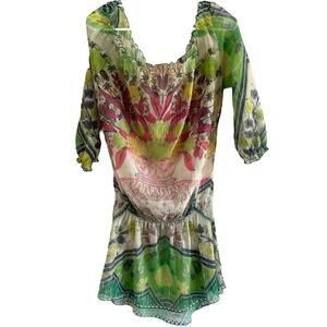 Pin Up Stars Coverup Italy Sheer Floral Top Rhinestone Quarter Sleeve Green M